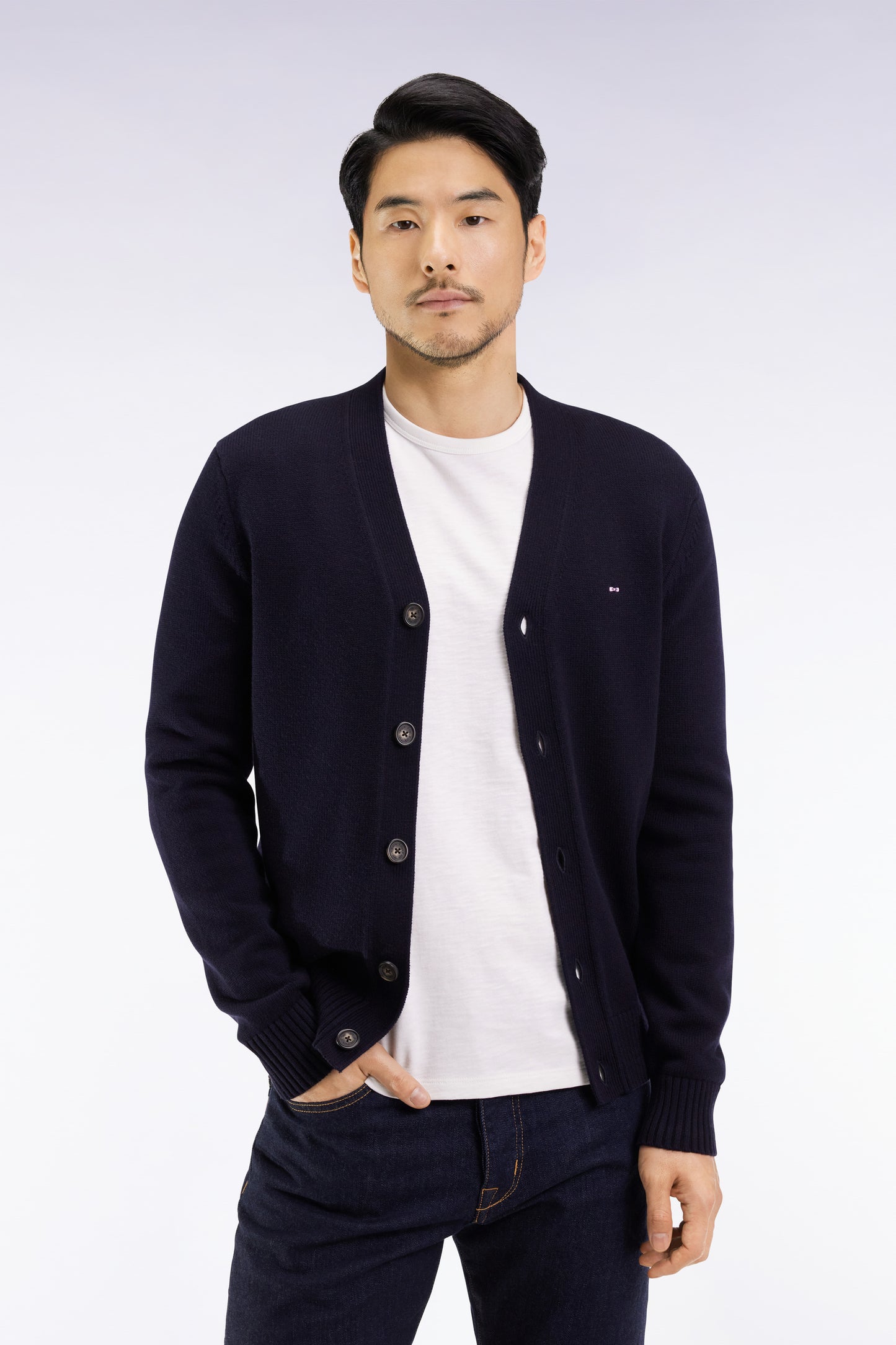 Cardigan en laine et coton marine coupe droite