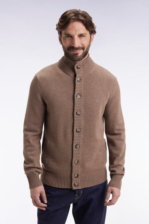 Camel wool and cotton cardigan with stand-up collar - Image 3