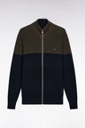 Zipped cardigan in two-tone navy and brown cotton, straight cut