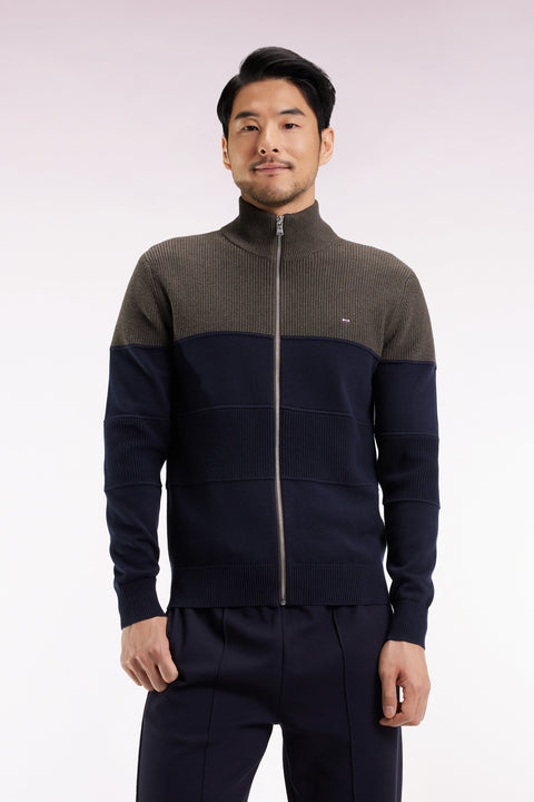 Zipped cardigan in two-tone navy and brown cotton, straight cut - Image 3