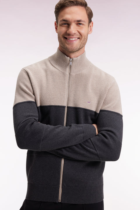 Zipped cardigan in two-tone beige and grey cotton, straight cut - Image 1