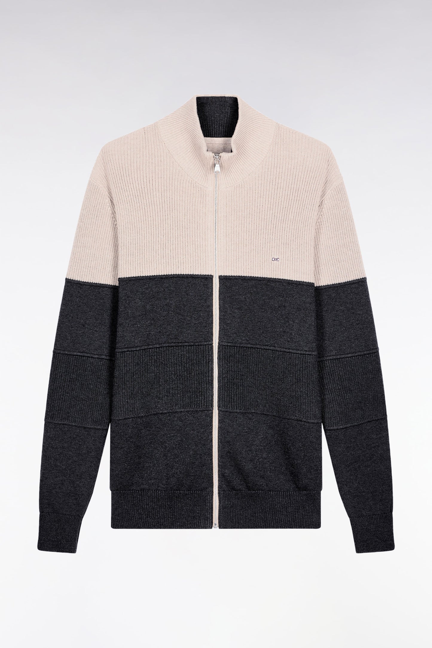 Cardigan zippé en coton bicolore beige et gris coupe droite