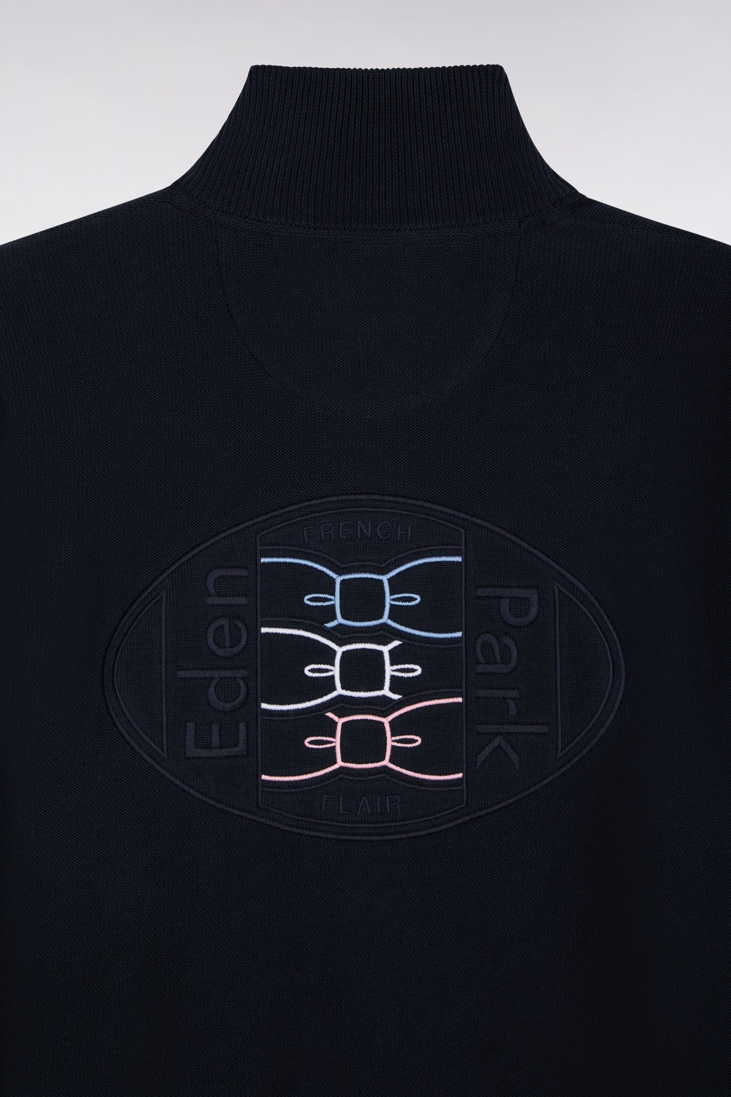 Navy cotton zipped cardigan with coloured piping, straight cut