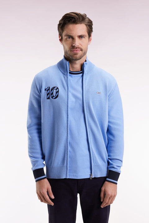 Navy cotton embroidered 10 sky straight-cut zipped cardigan - Image 3