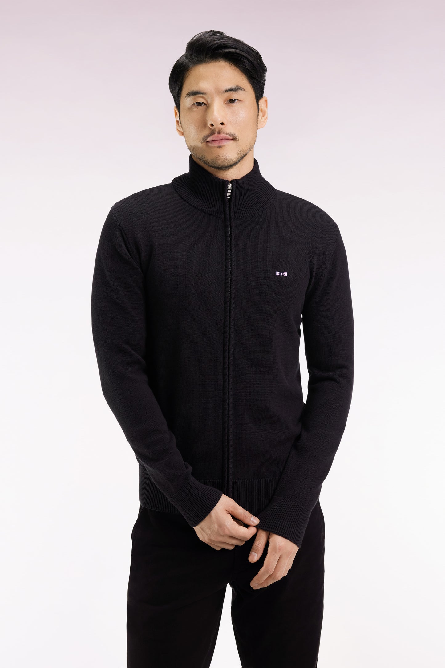 Black cotton zipped cardigan, straight cut