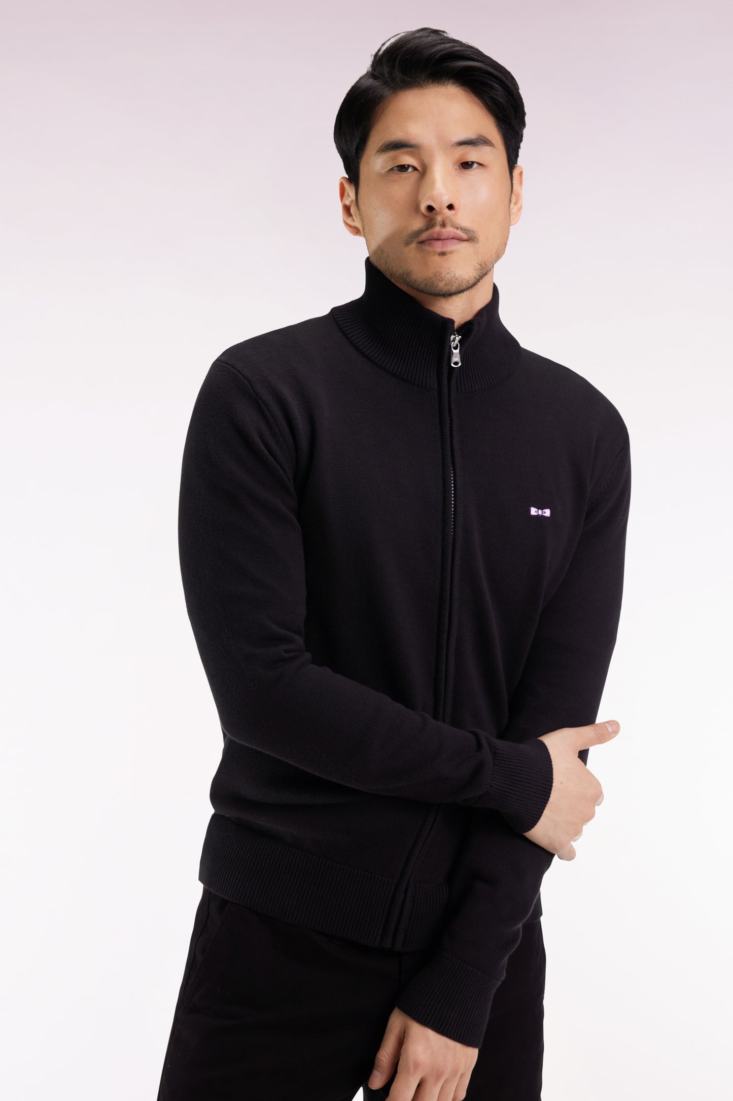 Black cotton zipped cardigan, straight cut