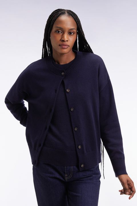 Cardigan en laine et coton marine coupe Relaxed - Image 1