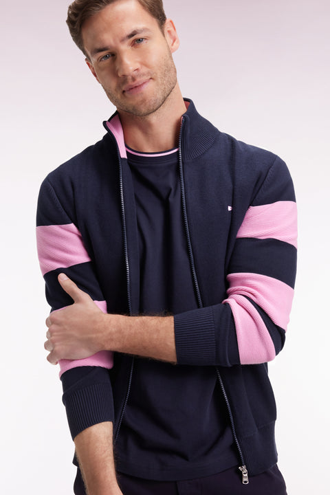 Navy cotton zipped cardigan with stripes of pink sleeves, straight cut - Image 1