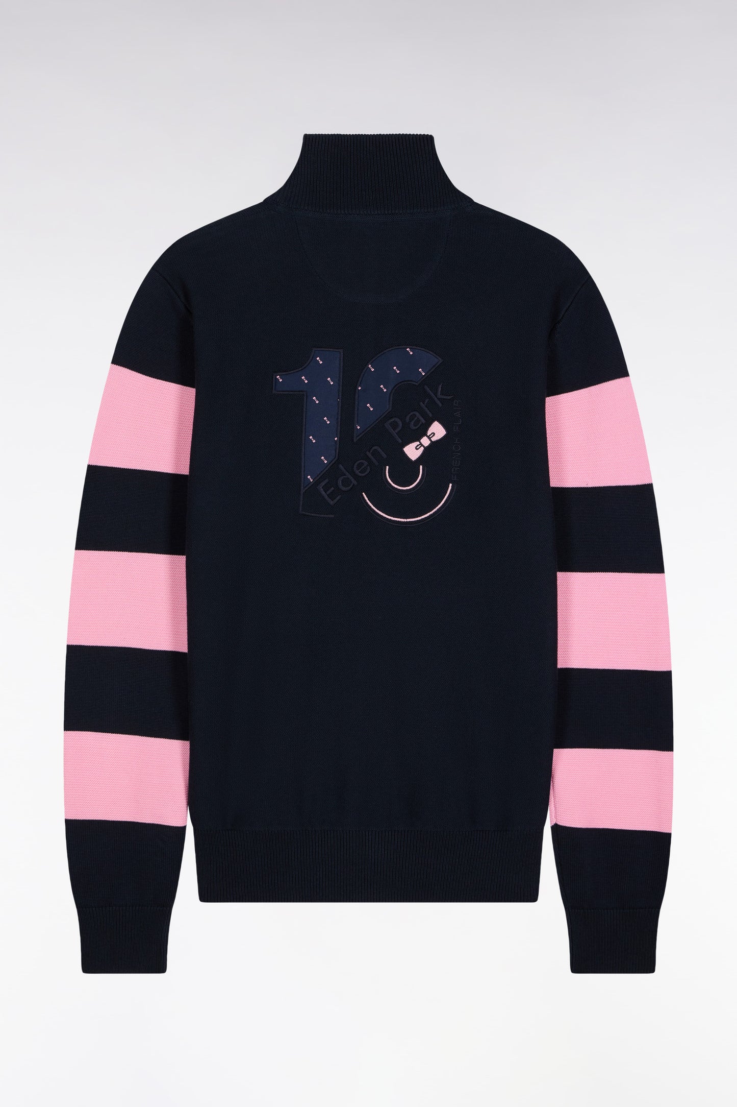 Cardigan zippé en coton marine à rayures de manches roses coupe droite