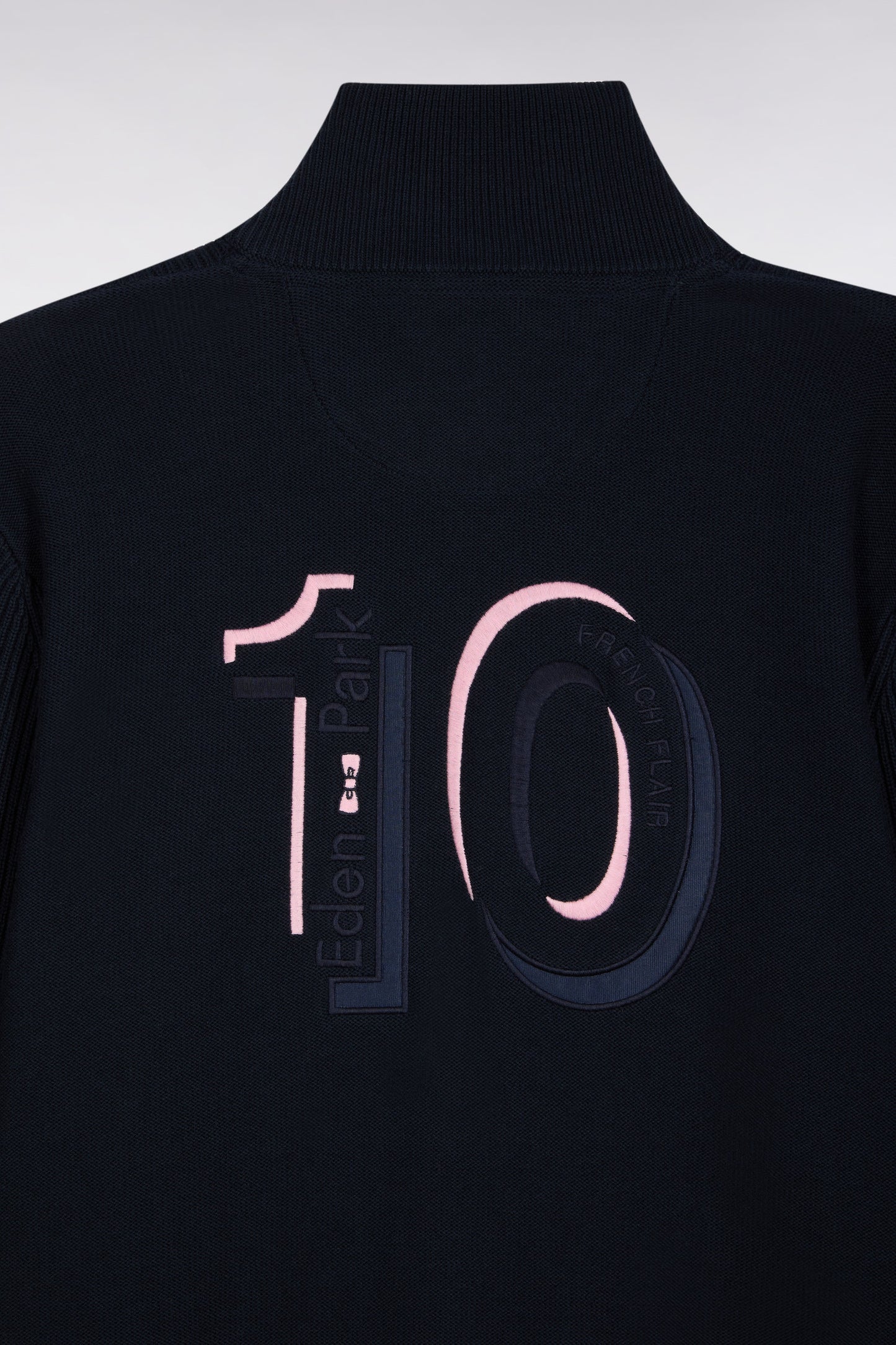 Cardigan zippé en coton marine à rayures roses coupe droite