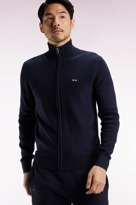 Zipped cardigan in navy cotton with sky back embroidery - Image 1