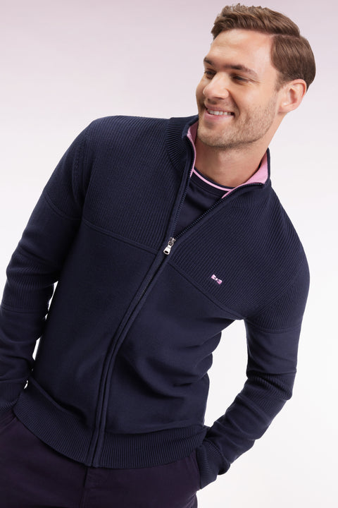 Zipped cardigan in navy cotton with pink back embroidery - Image 1