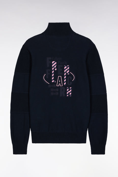 Zipped cardigan in navy cotton with pink back embroidery - Image 2