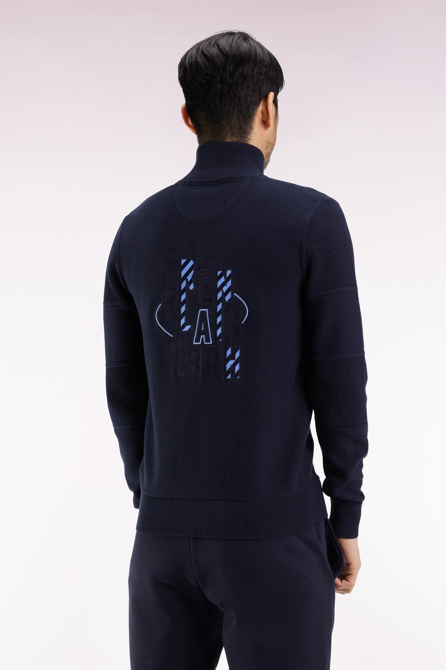 Cardigan zippé en coton marine broderie dos ciel