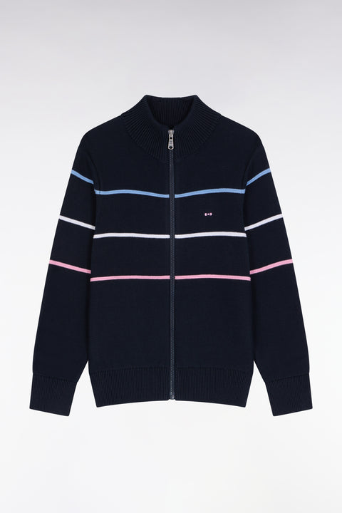 Zipped cardigan in navy cotton with three-tone embroidery - Image 2