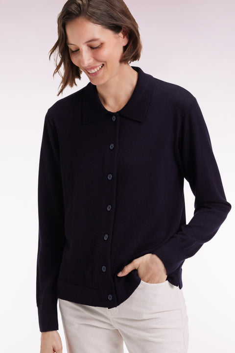 Cardigan à col classique en laine mérinos marine coupe droite - Image 3