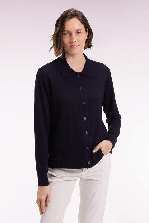 Cardigan à col classique en laine mérinos marine coupe droite - Image 1