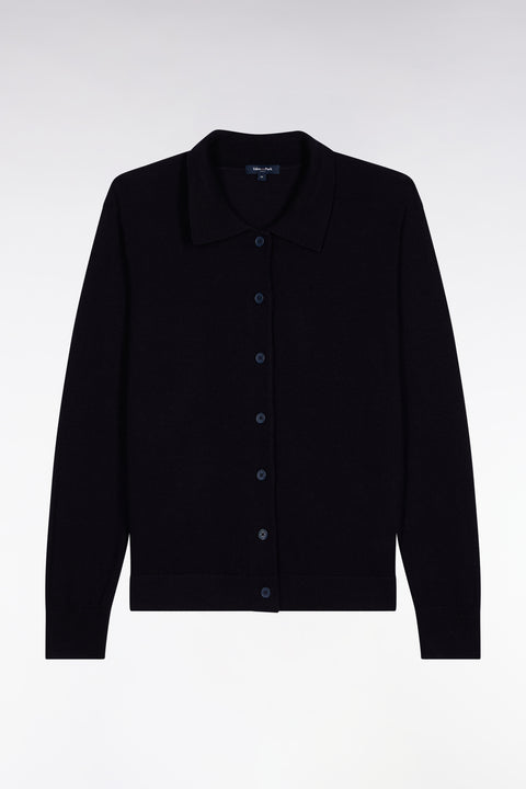 Cardigan à col classique en laine mérinos marine coupe droite - Image 2