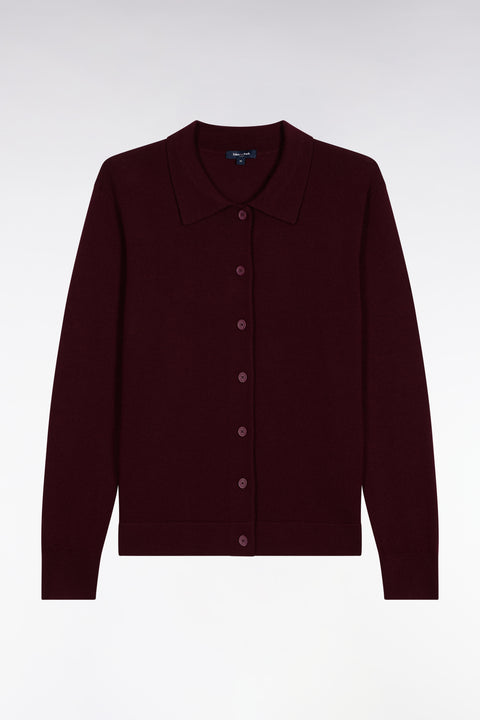 Cardigan à col classique en laine mérinos bordeaux coupe droite - Image 2
