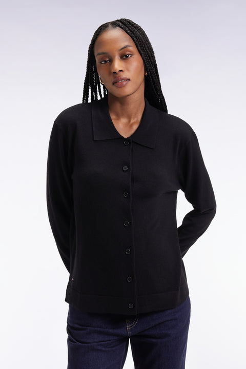 Cardigan à col classique en laine mérinos noire coupe droite - Image 1