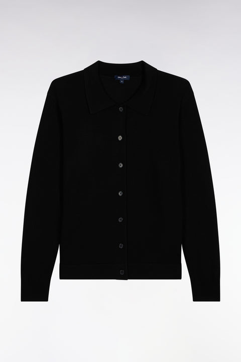 Cardigan with classic collar in black straight-cut merino wool - Image 2