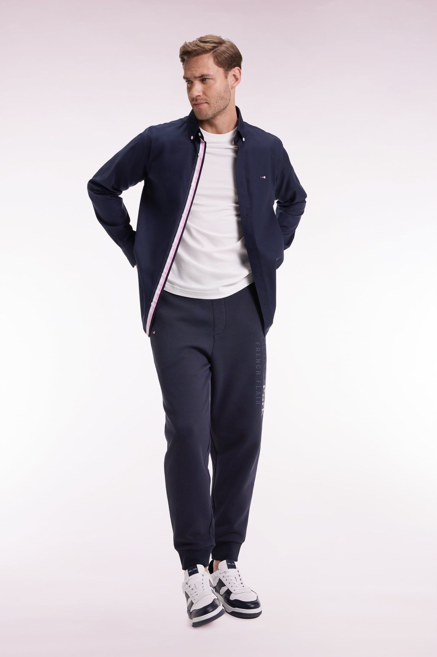 Navy brushed fleece jogging suit with striped pockets Relaxed fit