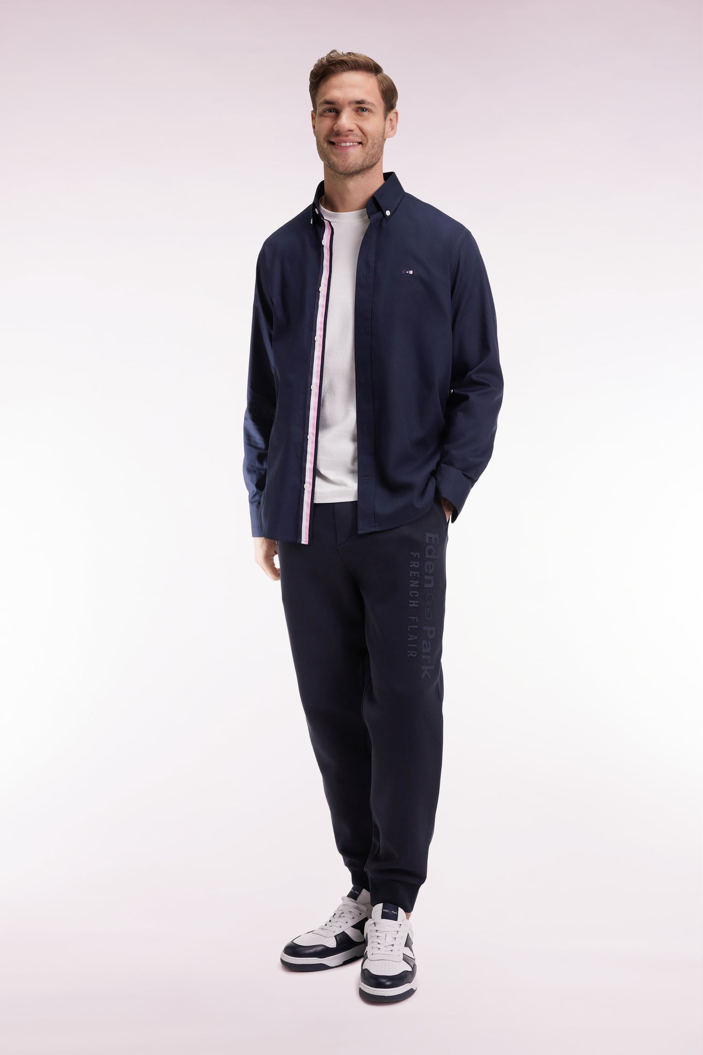 Navy brushed fleece jogging suit with striped pockets Relaxed fit