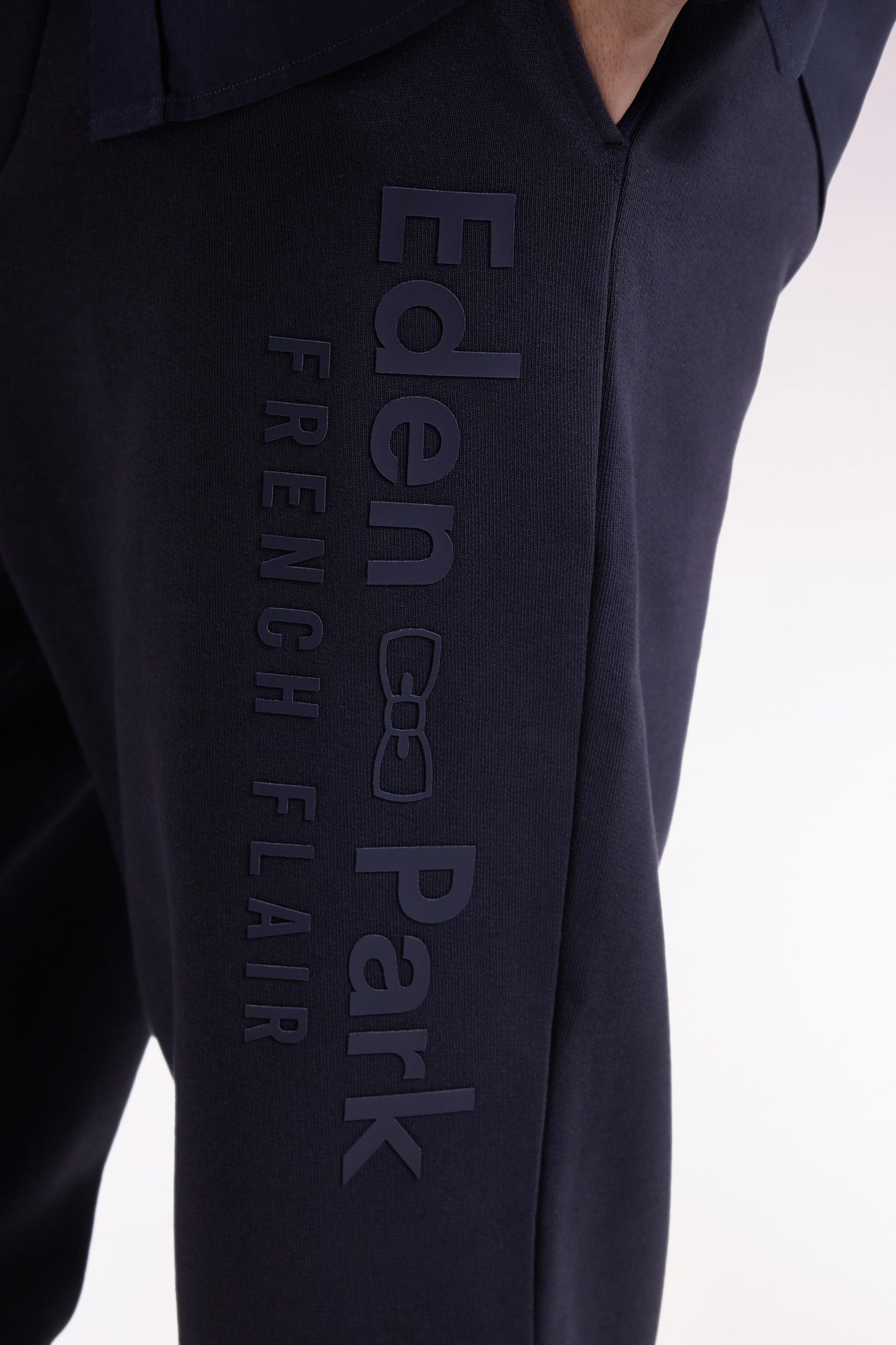 Navy brushed fleece jogging suit with striped pockets Relaxed fit