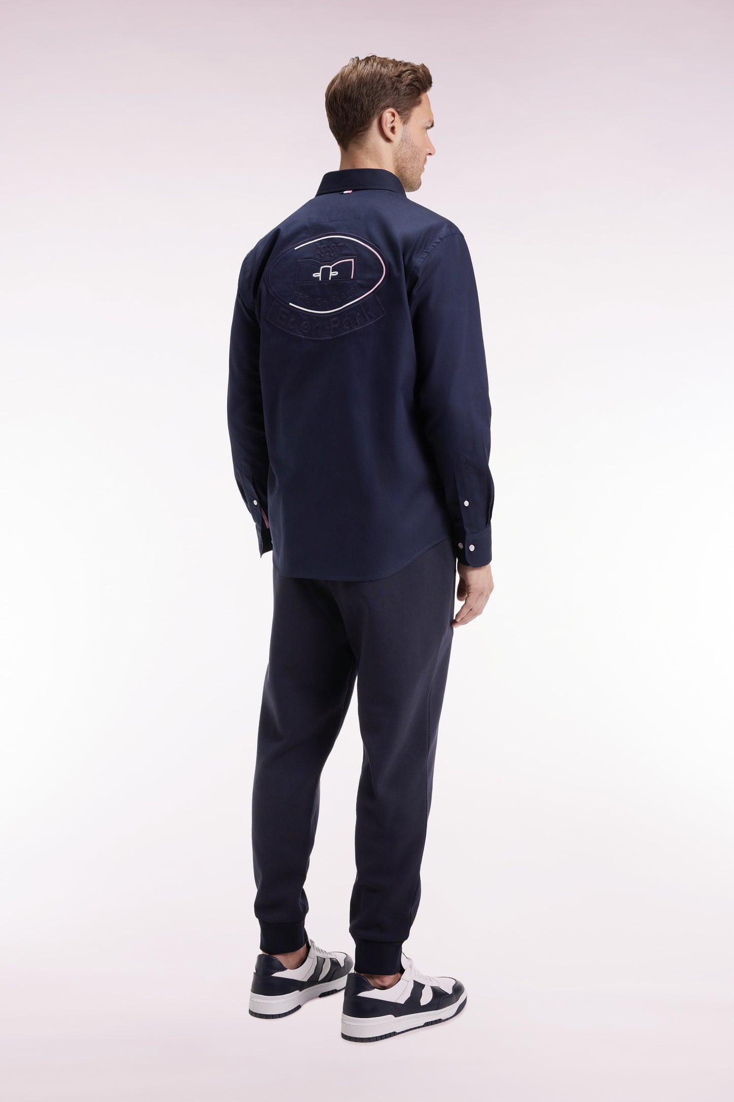 Navy brushed fleece jogging suit with striped pockets Relaxed fit