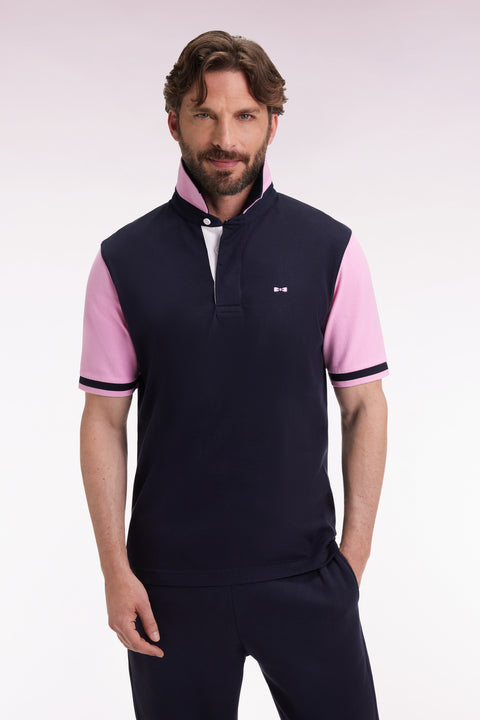 Short-sleeved jersey in navy cotton with pink sleeves - Image 3