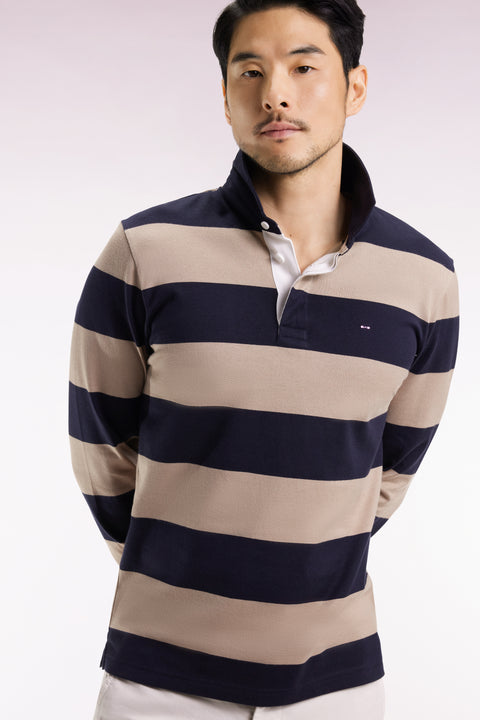 Long-sleeved jersey with beige and black rugby stripes - Image 1
