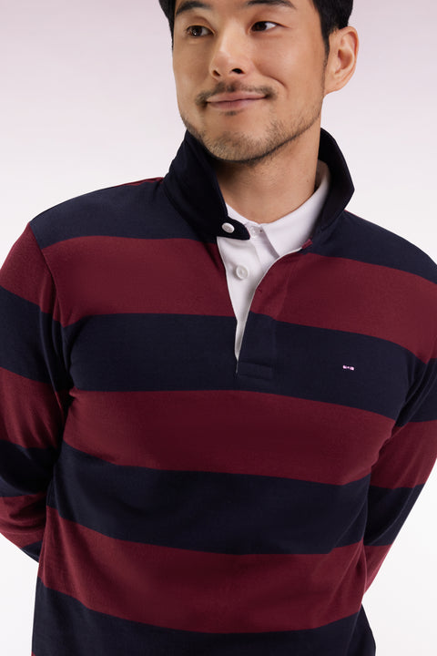 Long-sleeved jersey with burgundy and black rugby stripes - Image 1