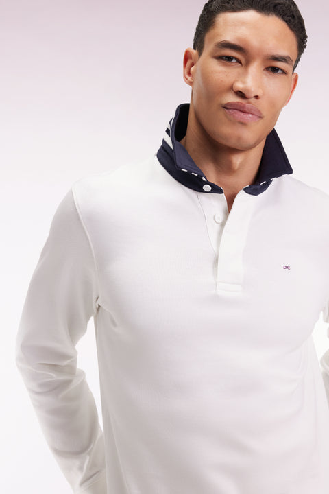 Long-sleeved white jersey jersey with striped under collar - Image 1