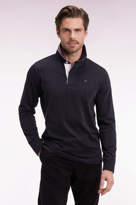 Long-sleeved jersey in black with striped collar underneath - Image 3