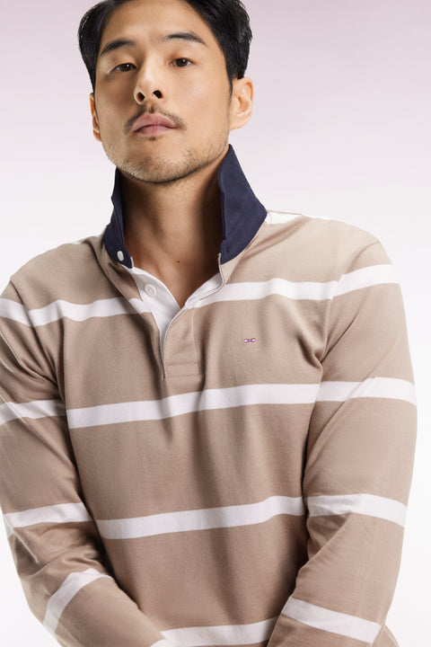 Maillot manches longues en jersey de coton beige à rayures blanches - Image 1