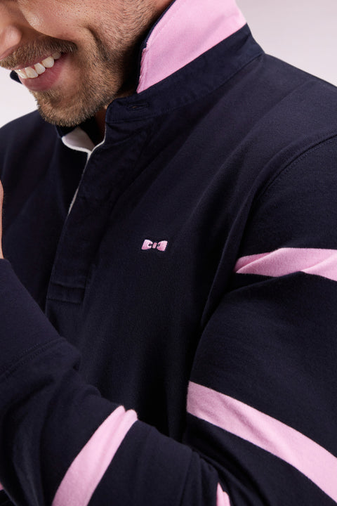 Maillot à manches longues en jersey épais marine manches rayées coupe droite - Image 1