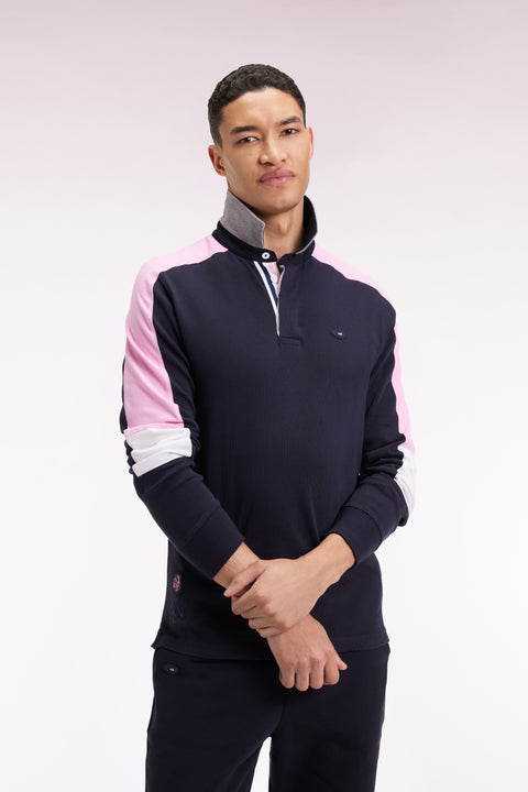 Navy embroidered long-sleeved jersey with tricolour cut-out sleeves, straight cut - Image 1