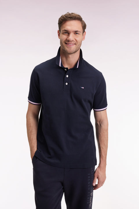 Polo manches courtes en coton marine détails rayés coupe ample - Image 3