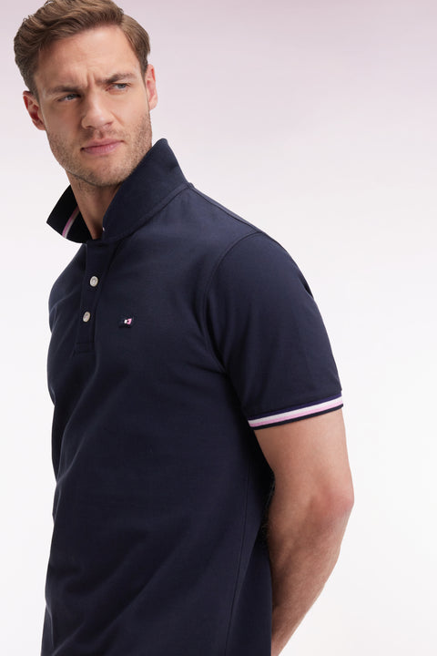 Polo manches courtes en coton marine détails rayés coupe ample - Image 1