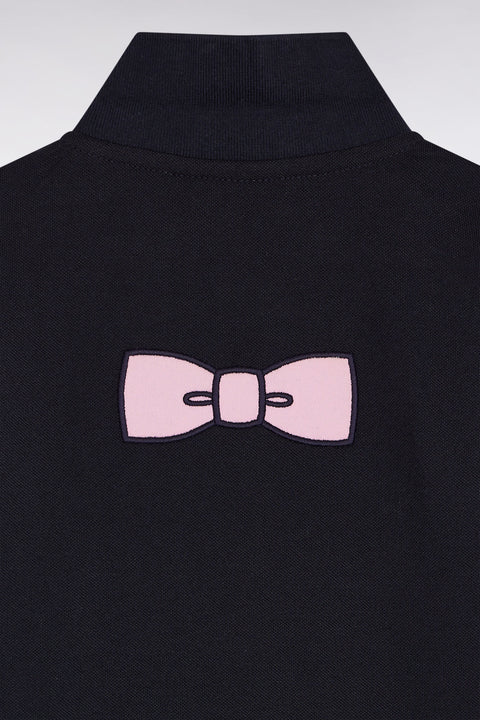 Short-sleeved navy cotton polo shirt with bow-tie embroidery, straight cut - Image 3