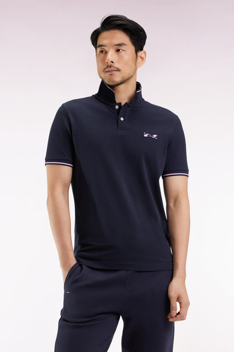 Polo à manches courtes en coton marine broderie cerclée - Image 3