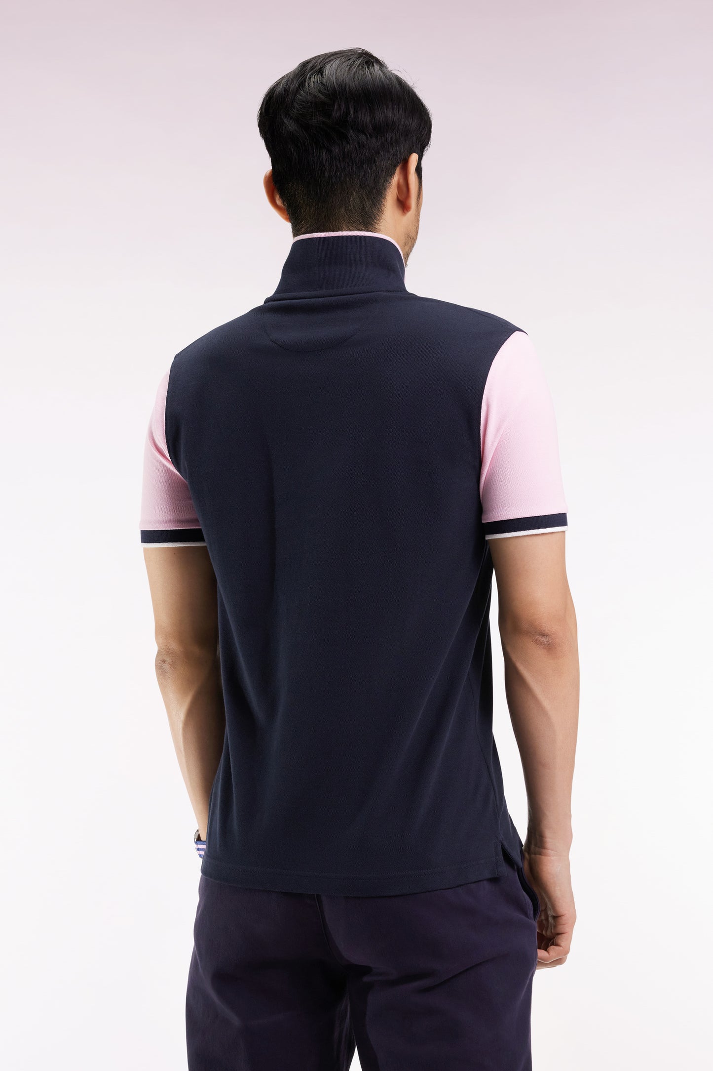Polo manches courtes roses en piqué coton marine coupe droite