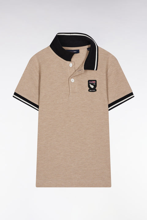 Short-sleeved polo shirt in navy and beige with 10 logo, straight cut - Image 1