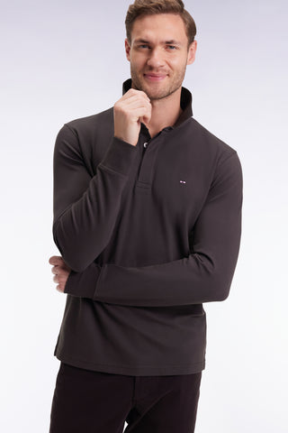 Polo à manches longues en coton stretch marron coupe slim