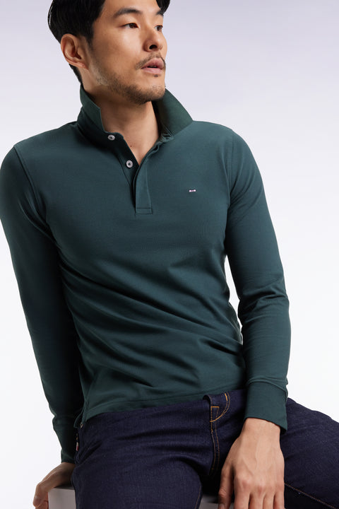 Long-sleeved polo shirt in bottle-green stretch cotton, slim fit - Image 1