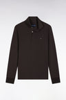 Long-sleeved polo shirt in brown stretch cotton, slim fit