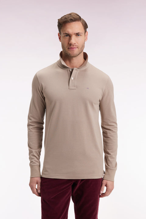 Long-sleeved polo shirt in beige Pima cotton, straight cut - Image 3