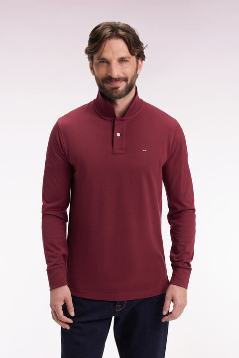 Long-sleeved polo shirt in burgundy Pima cotton, straight cut - Image 3