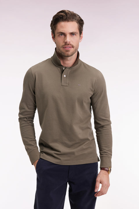 Long-sleeved polo shirt in khaki Pima cotton, straight cut - Image 3