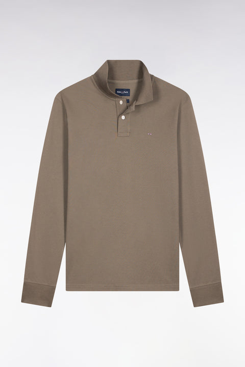 Long-sleeved polo shirt in khaki Pima cotton, straight cut - Image 2